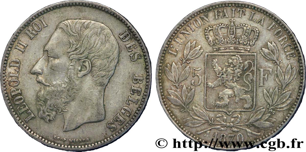 BELGIQUE 5 Francs Léopold II 1870  TTB+ 