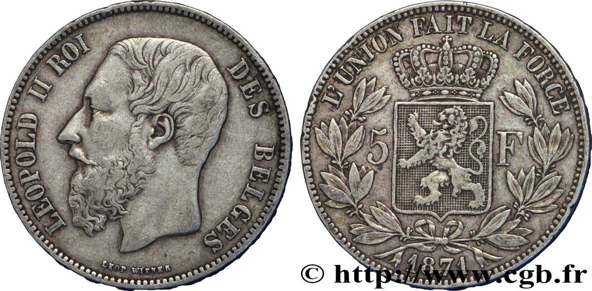 BELGIQUE 5 Francs Léopold II 1871  TTB 
