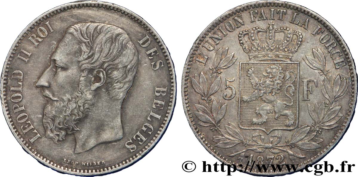 BELGIQUE 5 Francs Léopold II 1872  TTB+ 