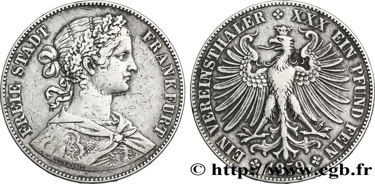 ALLEMAGNE - VILLE LIBRE DE FRANCFORT 1 Vereinsthaler buste de femmme / aigle 1859 Francfort TTB 