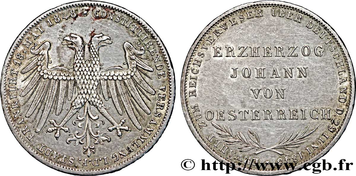 ALLEMAGNE - VILLE LIBRE DE FRANCFORT 2 Gulden élection de Jean Archiduc d’Autriche 1848  TTB+ 