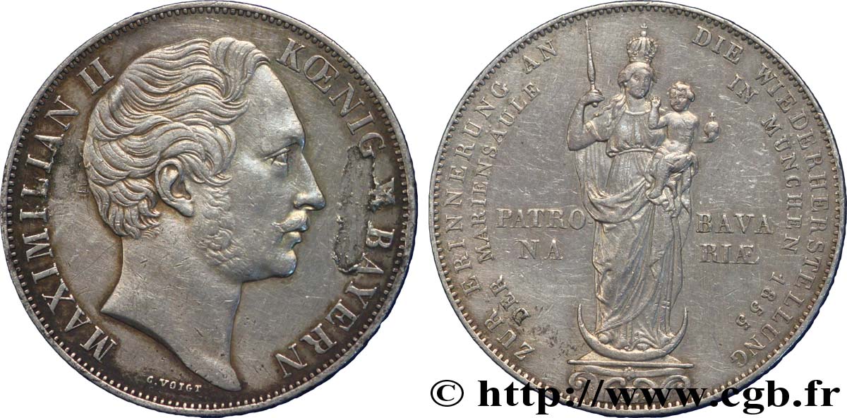 ALLEMAGNE - BAVIÈRE 2 Gulden (Mariengulden) Maximilien II roi de Bavière / Madone patronne de la Bavière 1855  TTB 