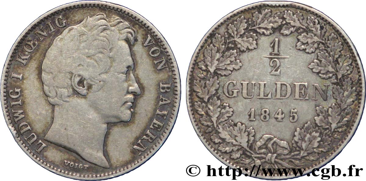 ALLEMAGNE - BAVIÈRE 1/2 Gulden Louis Ier 1845 Munich TTB 