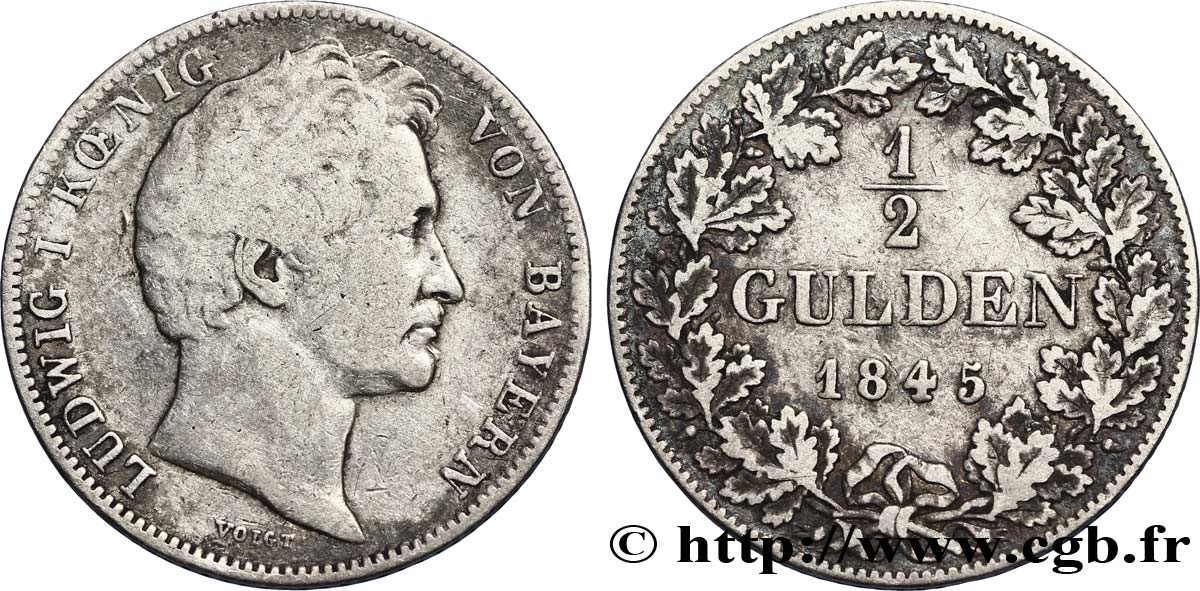 ALLEMAGNE - BAVIÈRE 1/2 Gulden Louis Ier 1845 Munich TB+ 