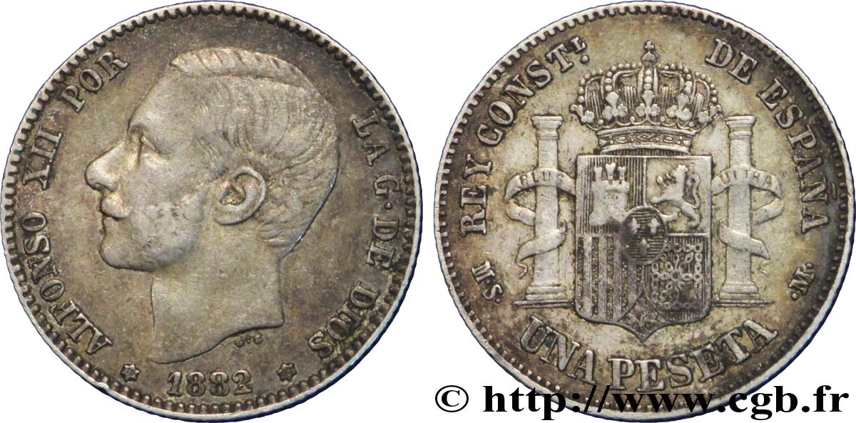 ESPAGNE 1 Peseta Alphonse XII  / emblème couronné (82) 1882 Madrid TTB+ 