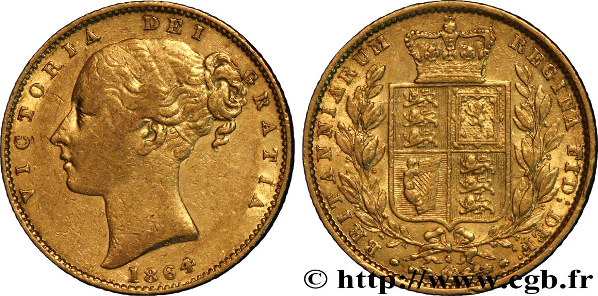 ROYAUME-UNI 1 Souverain Victoria buste jeune / blason variété avec numéro de coin, coin n°4 1864 Londres TTB 