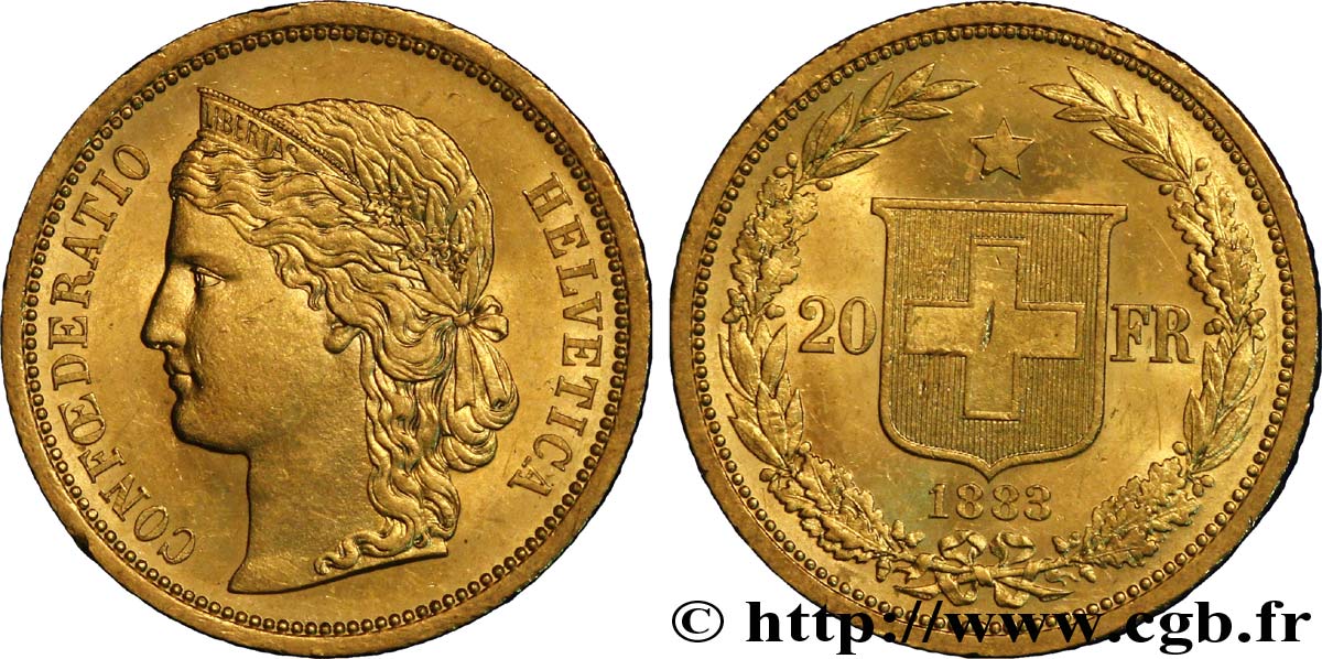 SUISSE 20 Francs buste diadémé d Helvetia 1883 Berne TTB+ 