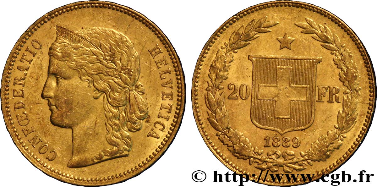 SUISSE 20 Francs or buste diadémé d Helvetia / croix suisse 1889 Berne - B TTB 