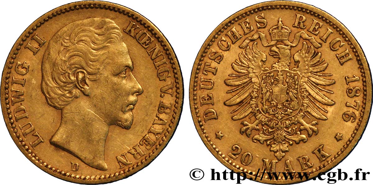 ALLEMAGNE - BAVIÈRE 20 Mark or Royaume de Bavière, Louis II, roi de Bavière / aigle impérial 1876 Munich - D TTB+ 