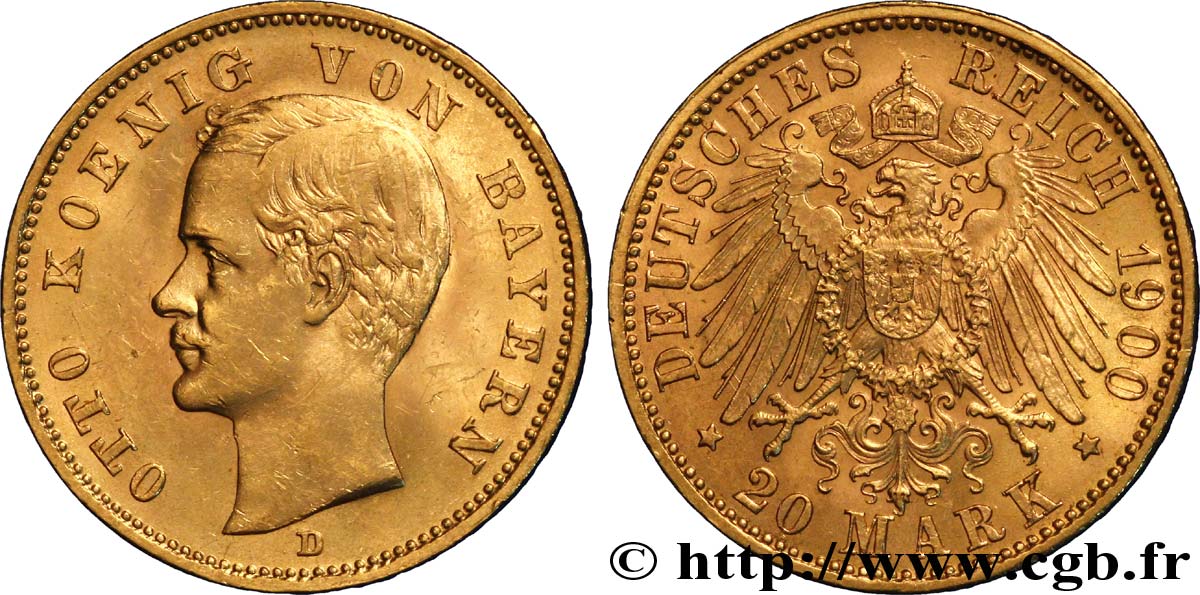 ALLEMAGNE - BAVIÈRE 20 Mark or Othon roi de Bavière / aigle impérial 1900 Munich SUP+ 