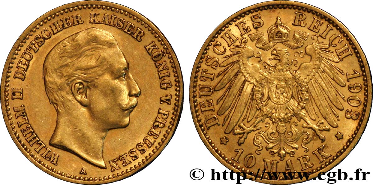 ALLEMAGNE - PRUSSE 10 Mark or Royaume de Prusse, empereur Guillaume II / aigle impérial 1903 Berlin TTB+ 