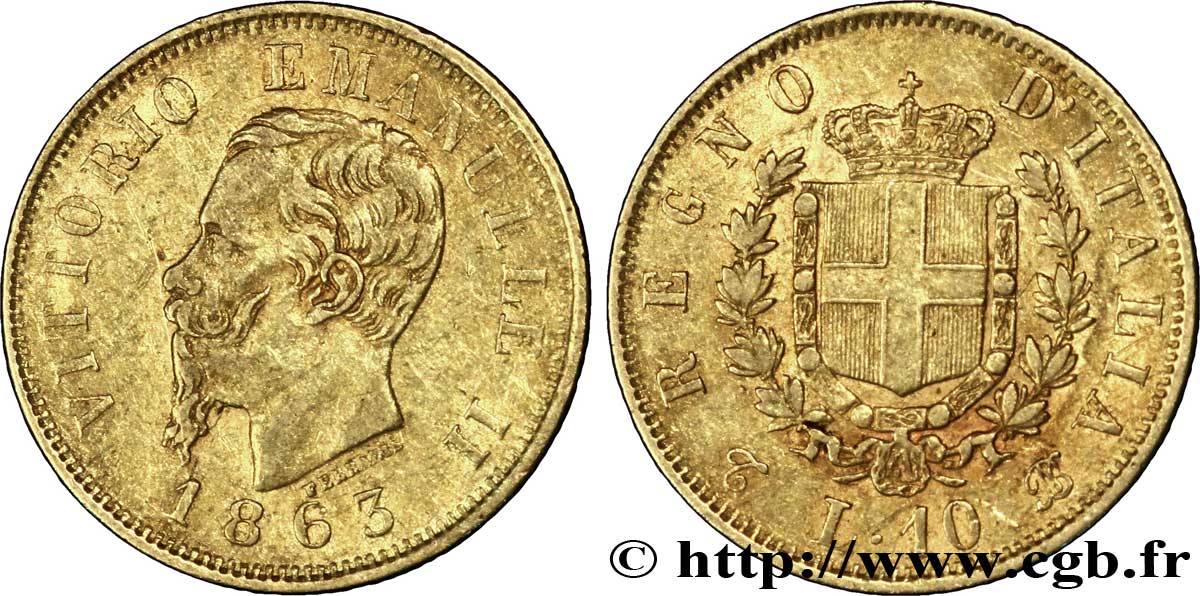 ITALIE 10 Lire or Victor Emmanuel II, roi d’Italie 1863 Turin - T TTB 