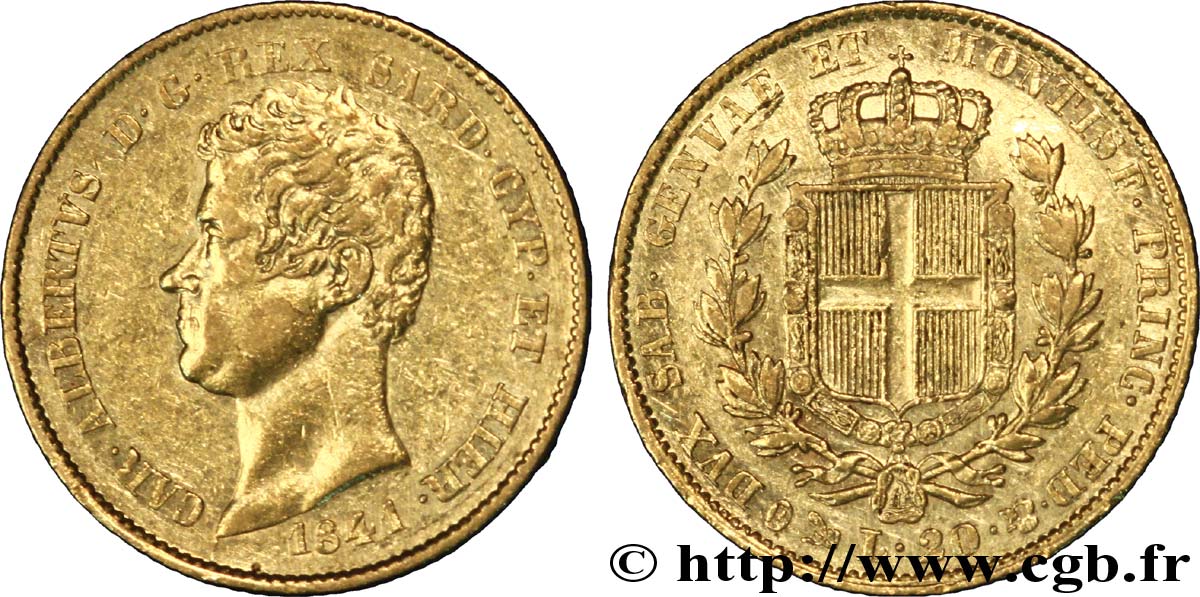 ITALIE - ROYAUME DE SARDAIGNE 20 Lire or Charles-Albert roi de Sardaigne / écu de Savoie 1841 Gênes TTB 