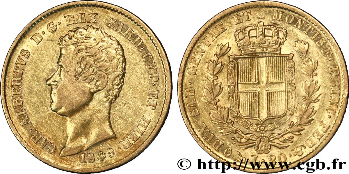ITALIE - ROYAUME DE SARDAIGNE 20 Lire or Charles-Albert roi de Sardaigne / écu de Savoie 1849 Gênes TTB 