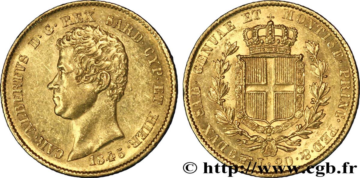 ITALIE - ROYAUME DE SARDAIGNE 20 Lire or Charles-Albert roi de Sardaigne / écu de Savoie 1845 Turin SUP 