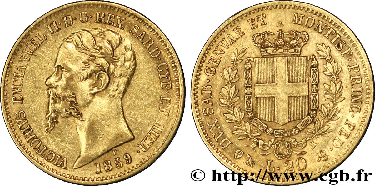 ITALIE - ROYAUME DE SARDAIGNE 20 Lire en or Victor Emmanuel II / emblème 1859 Turin TTB 