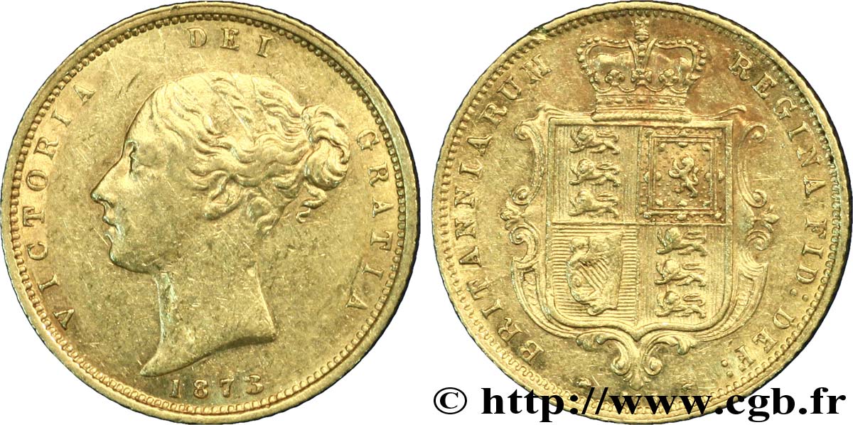 ROYAUME-UNI 1/2 Souverain Victoria buste jeune / blason type avec coin numéroté : coin n°62 1873 Londres TTB 
