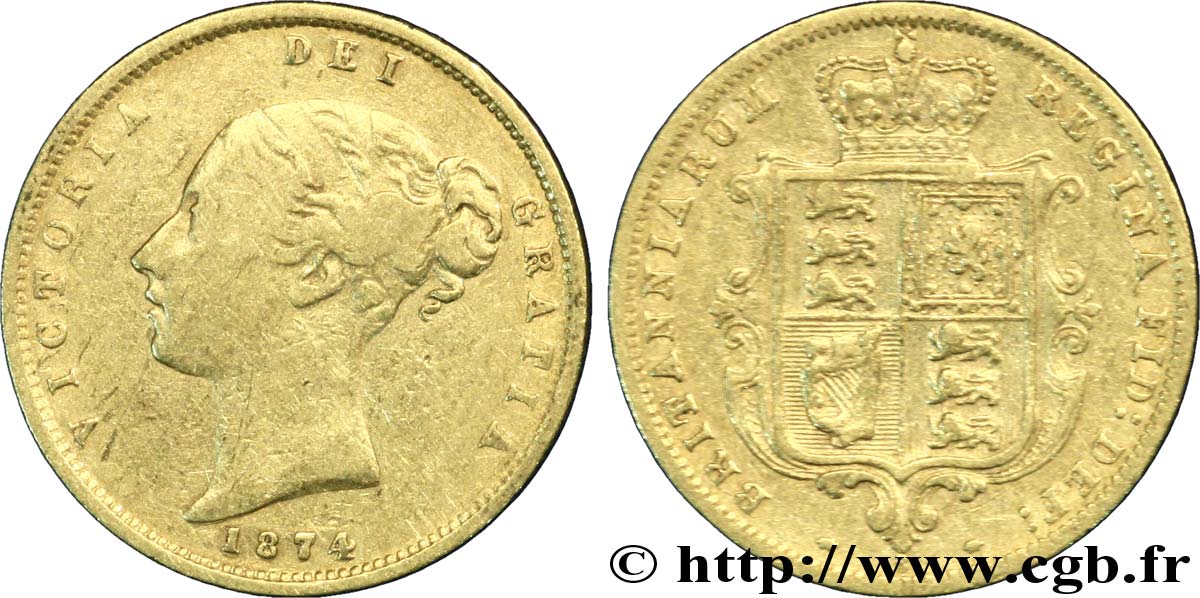 ROYAUME-UNI 1/2 Souverain Victoria buste jeune / blason type avec coin numéroté : coin n°62 1874 Londres TB 