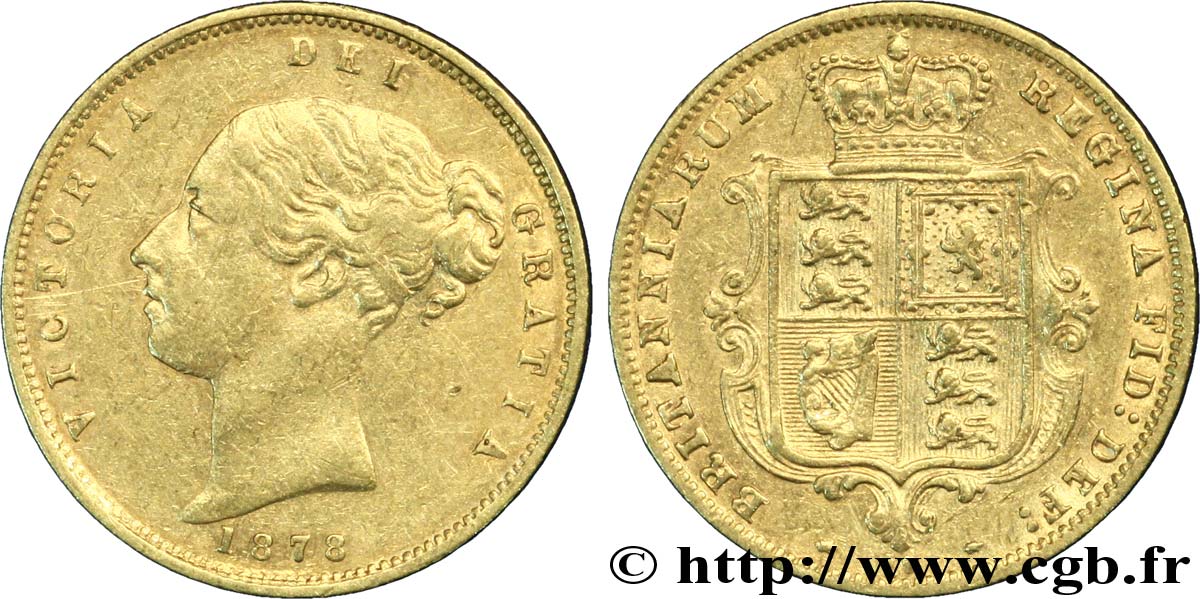 ROYAUME-UNI 1/2 Souverain Victoria buste jeune / blason type avec coin numéroté : coin n°74 1878 Londres TTB 