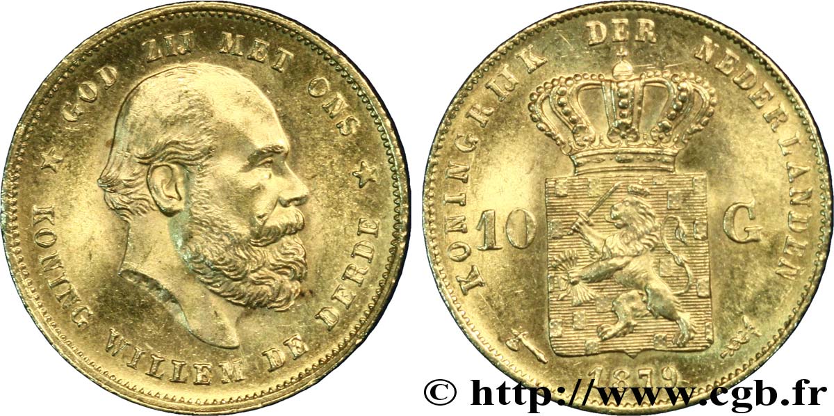 PAYS-BAS 10 Gulden or ou 10 Florins 2e type Guillaume II / écu couronné 1879 Utrecht SPL 