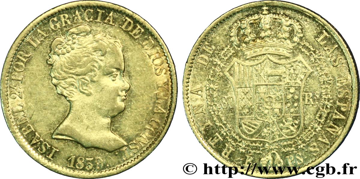 ESPAGNE 80 Reales Isabelle II 1839 Barcelone TTB+ 