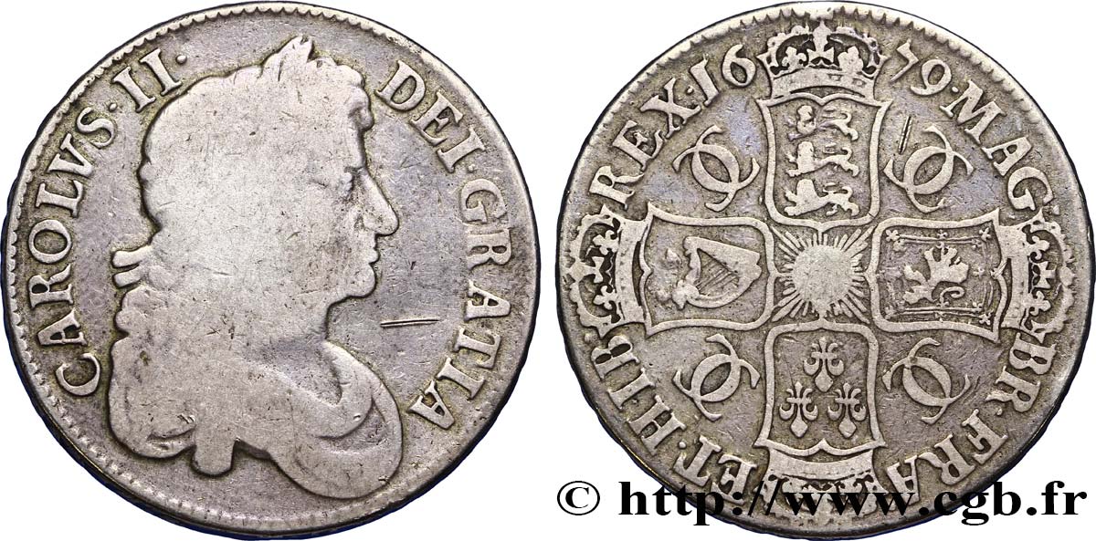 UNITED KINGDOM 1 Crown Charles II / armes tranche type T. PRIMO 1679  VF 