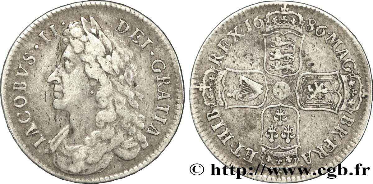 UNITED KINGDOM 1/2 Crown Jacques II / armes tranche type PRIMO 1686  XF 