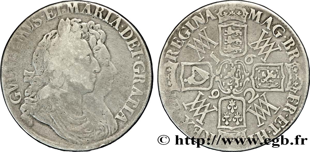 UNITED KINGDOM 1 Crown Guillaume et Marie / armes tranche QUARTO 1692  VF 