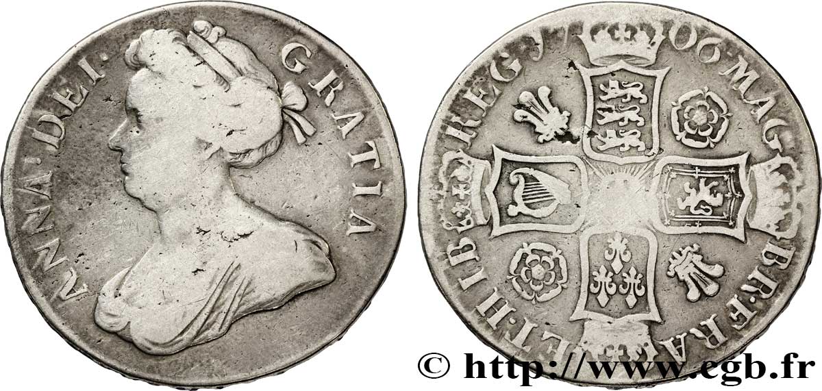 ROYAUME-UNI 1 Crown reine Anne / armes, 5e année de règne (“QVINTO” sur la tranche) 1706 Londres TB 