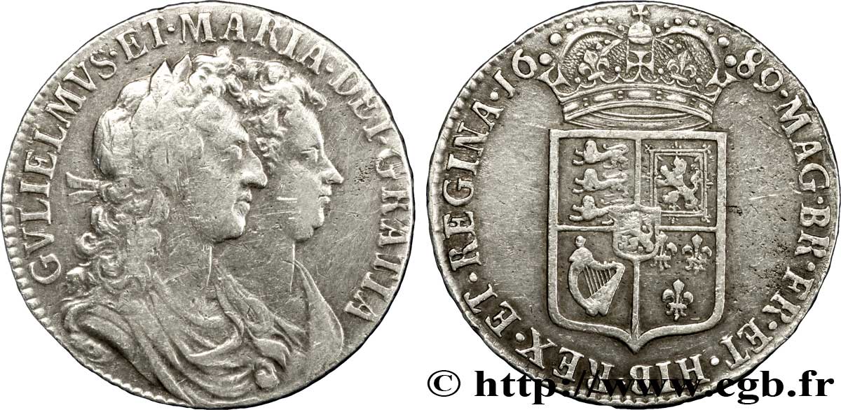 ROYAUME-UNI 1/2 Crown Guillaume et Marie / armes tranche PRIMO 1689  TTB 