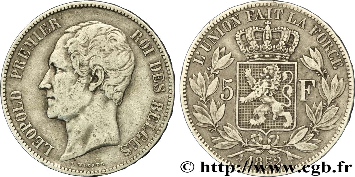 BELGIQUE 5 Francs Léopold Ier 1852  TTB 