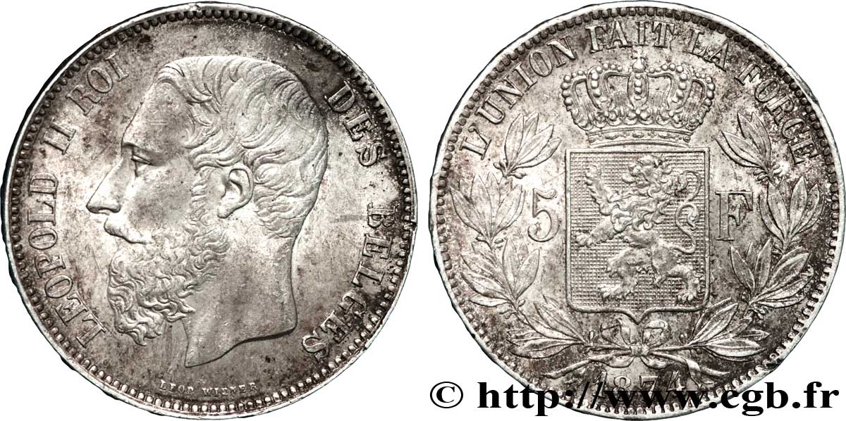 BELGIQUE 5 Francs Léopold II 1874  SUP 