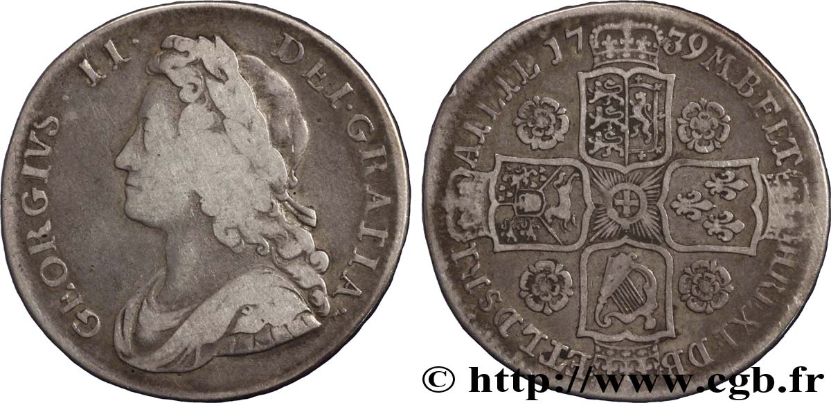 ROYAUME-UNI 1/2 Crown Georges II / armes 1739 Londres TB 