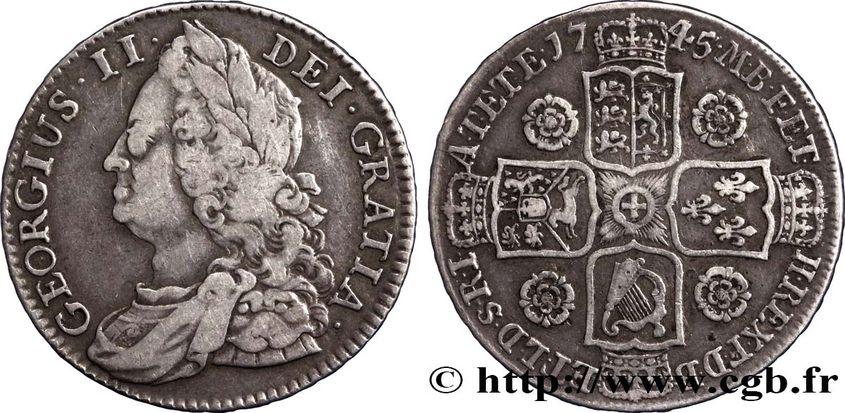 ROYAUME-UNI 1/2 Crown Georges II / armes 1745 Londres TTB 