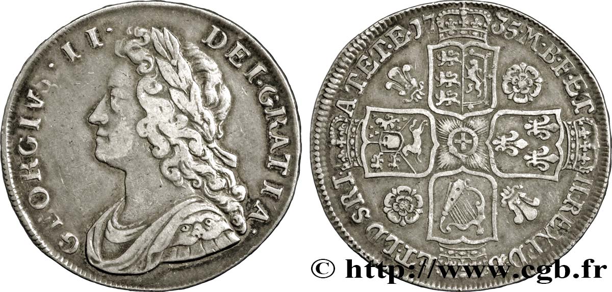 ROYAUME-UNI 1/2 Crown Georges II / armes 1735 Londres TTB 