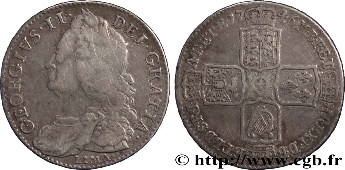ROYAUME-UNI 1/2 Crown Georges II / armes 1746 Londres TB+ 