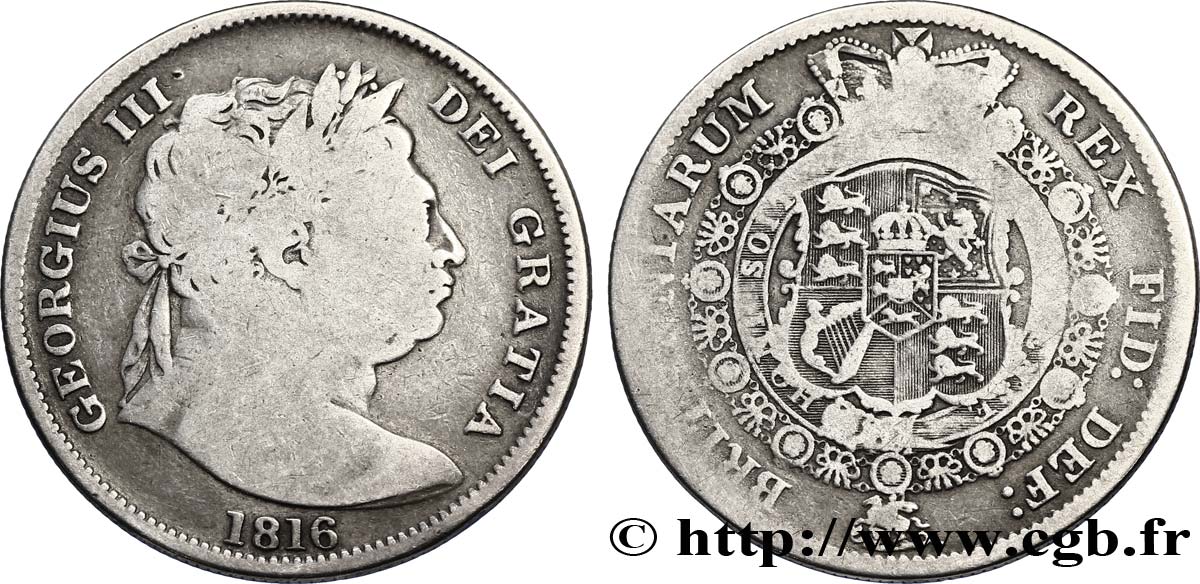 ROYAUME-UNI 1/2 Crown Georges III type à la grosse tête / emblème 1816  TB 