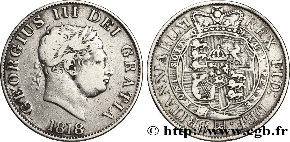 ROYAUME-UNI 1/2 Crown Georges III type à la petite tête / emblème 1818  TB+ 