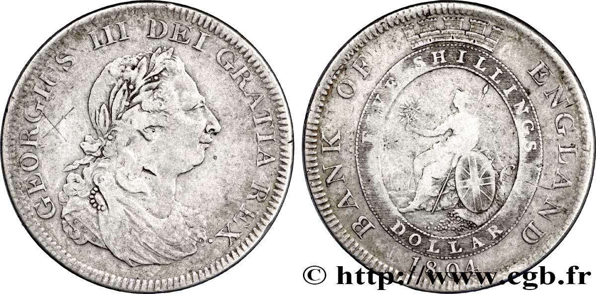 ROYAUME-UNI 1 Dollar ou 5 Shillings Georges III / Britannia 1804 Londres TB 