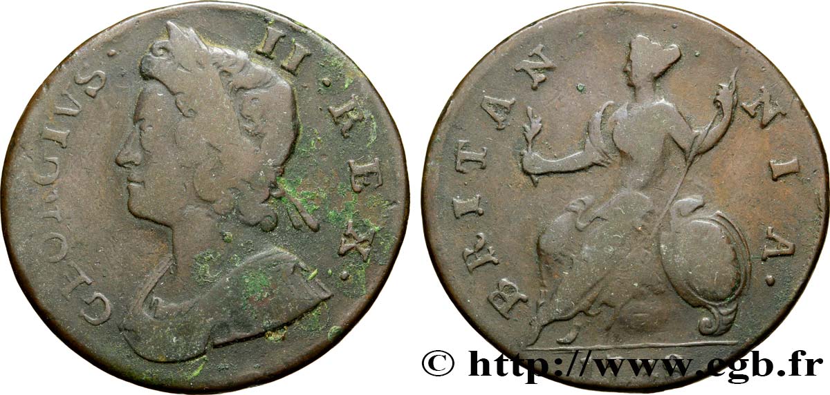 ROYAUME-UNI 1/2 Penny Georges II tête laurée / Britannia 1738  B+ 