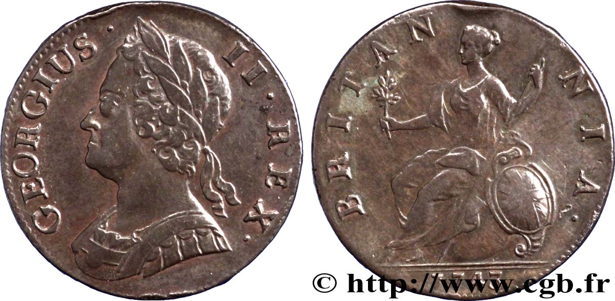ROYAUME-UNI 1/2 Penny Georges II tête laurée / Britannia 1743  TTB 