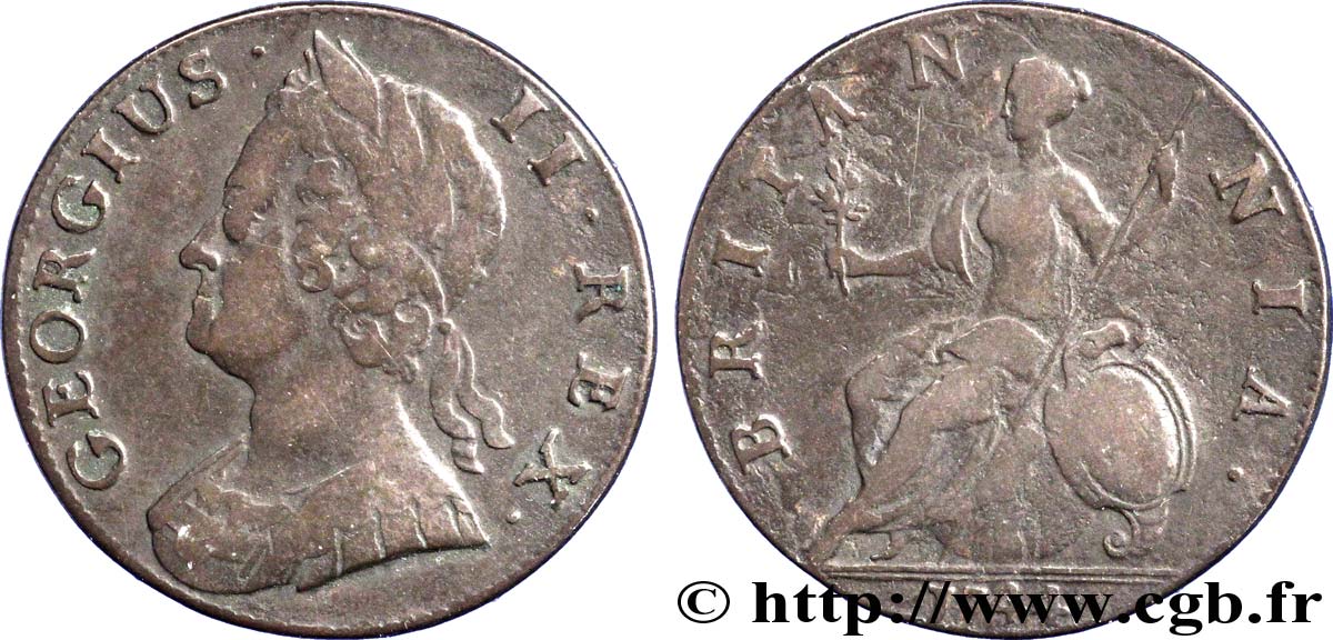 ROYAUME-UNI 1/2 Penny Georges II tête laurée / Britannia 1744  TB 