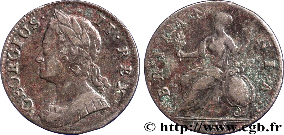 ROYAUME-UNI 1/2 Penny Georges II tête laurée / Britannia 1745  TB 