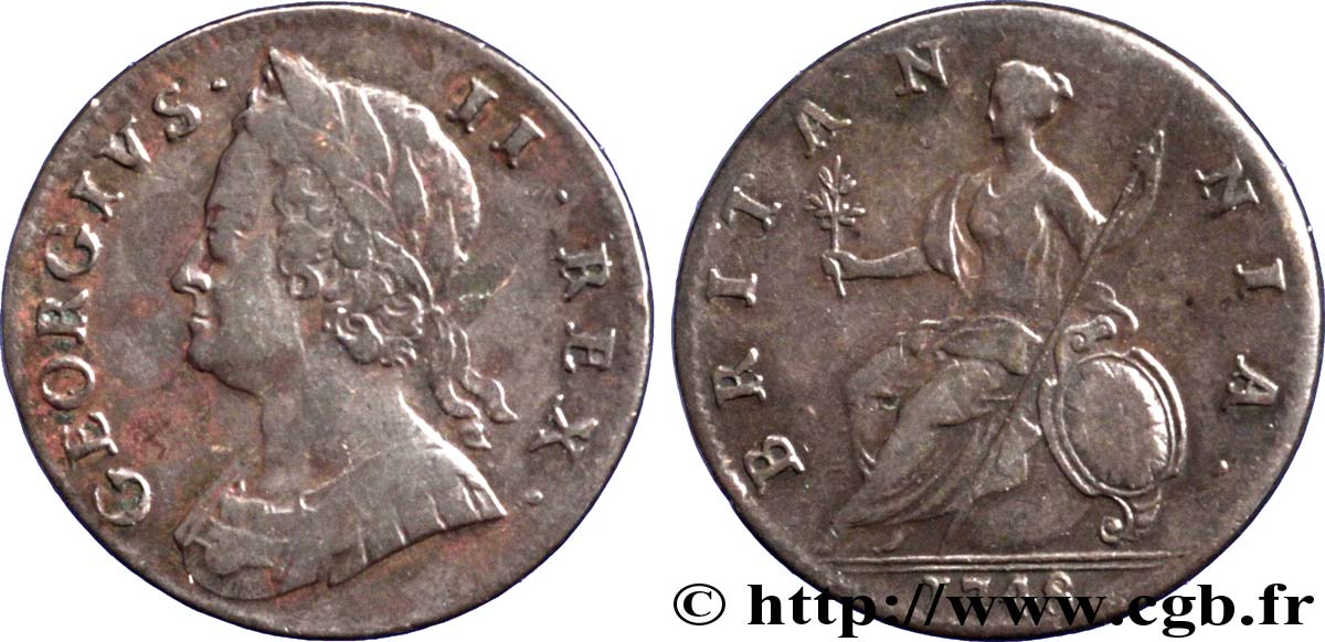 ROYAUME-UNI 1/2 Penny Georges II tête laurée / Britannia 1748  TB+ 
