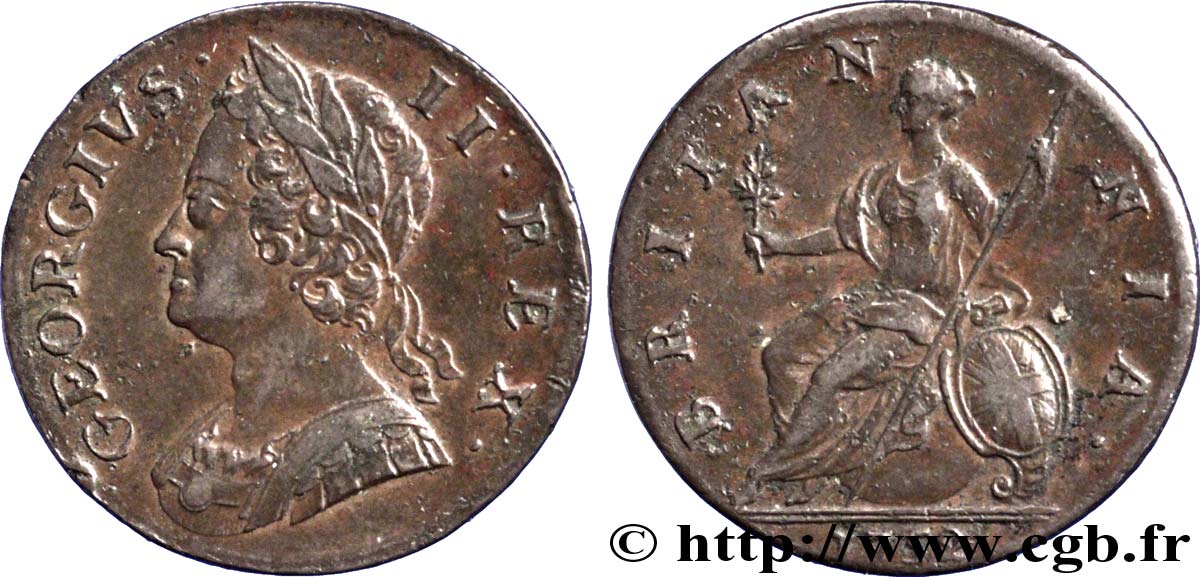 ROYAUME-UNI 1/2 Penny Georges II tête laurée / Britannia 1752  TTB 