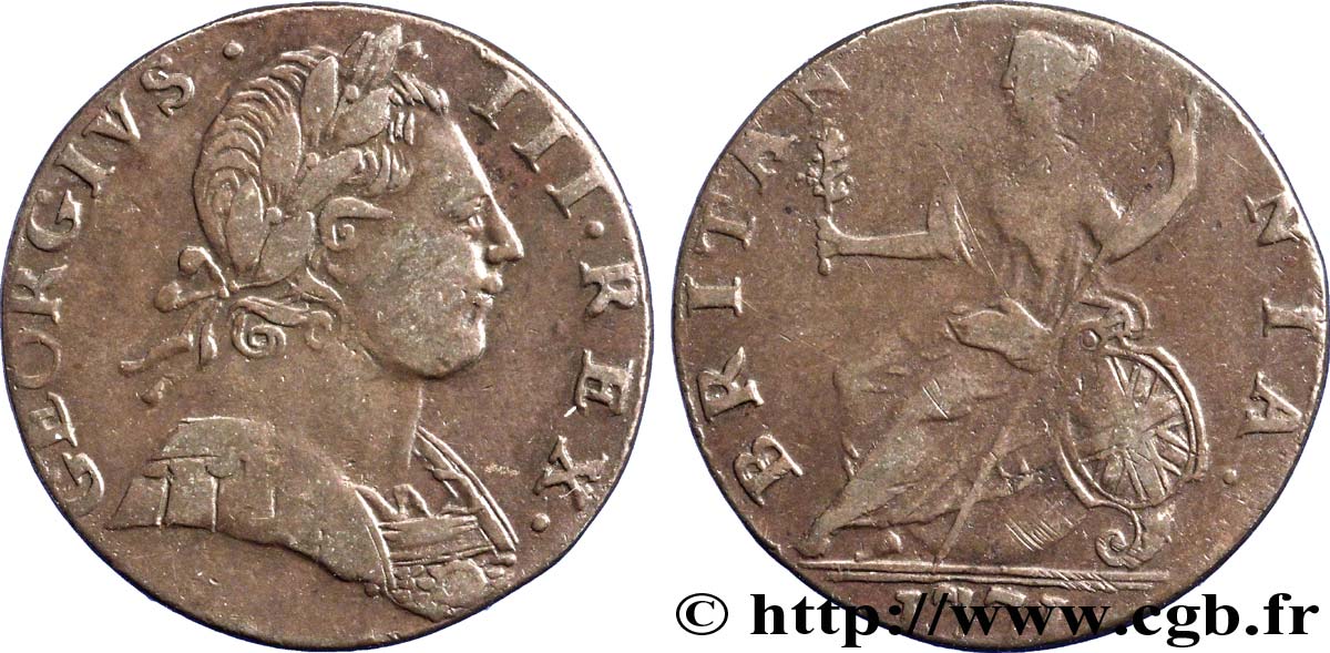 ROYAUME-UNI 1/2 Penny Georges III tête laurée / Britannia 1771 Londres TB+ 