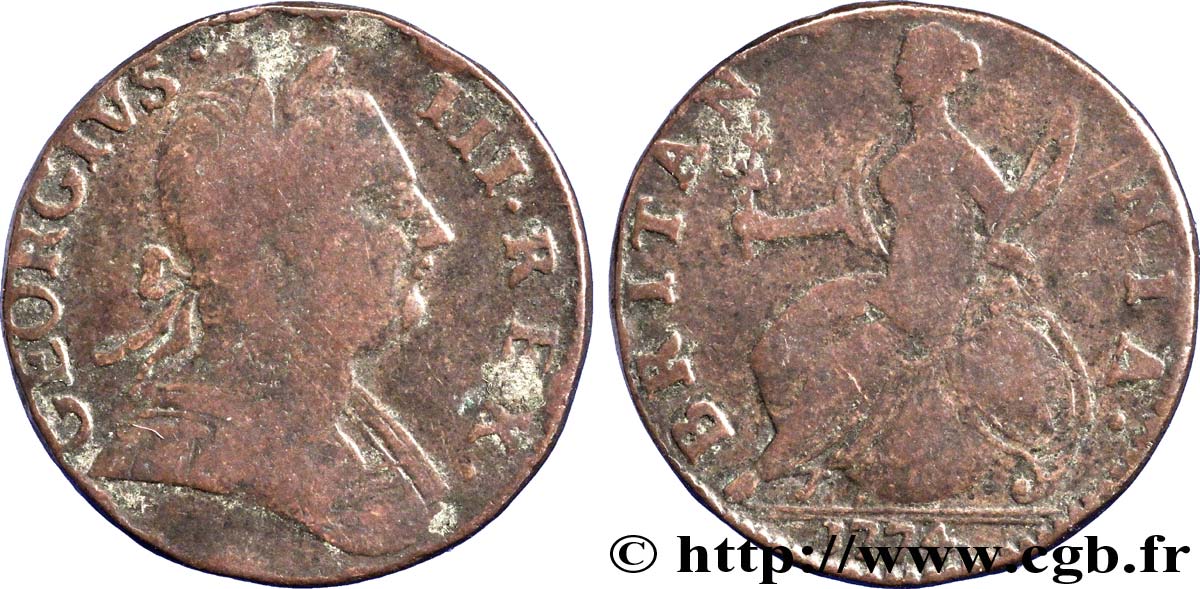 ROYAUME-UNI 1/2 Penny Georges III tête laurée / Britannia 1774 Londres B+ 