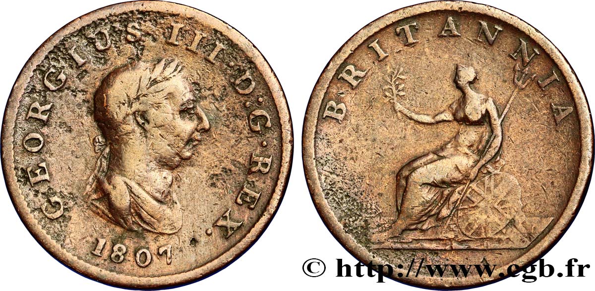 VEREINIGTEN KÖNIGREICH 1/2 Penny Georges III tête laurée 1807  fS 