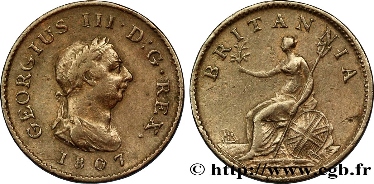ROYAUME-UNI 1 Farthing Georges III tête laurée / Britannia 1807  TTB 