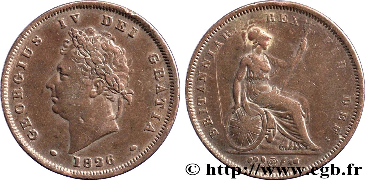 ROYAUME-UNI 1 Penny Georges IV tête laurée / Britannia 1826  TB+ 